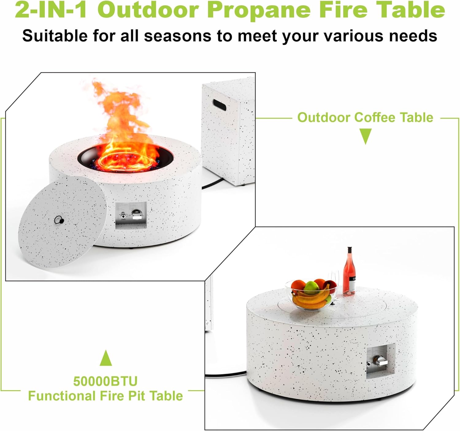 Dineli 2-Piece Outdoor Propane Fire Pit Table Set w Tank Table 30'' Round Fire Pit Table 2-in-1 Firepit Table for Outside Patio Gas Fire Pit Fireplace, 50,000 BTU, Speckled White