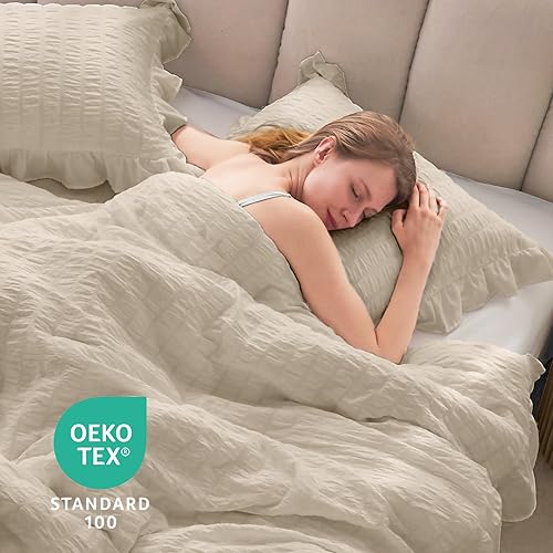 Miniatura 7 de JOLLYVOGUE - Juego de edredón tamaño queen, de 3 piezas, estilo seersucker, ligero y esponjoso para todas las estaciones, con 1 edredón con volantes