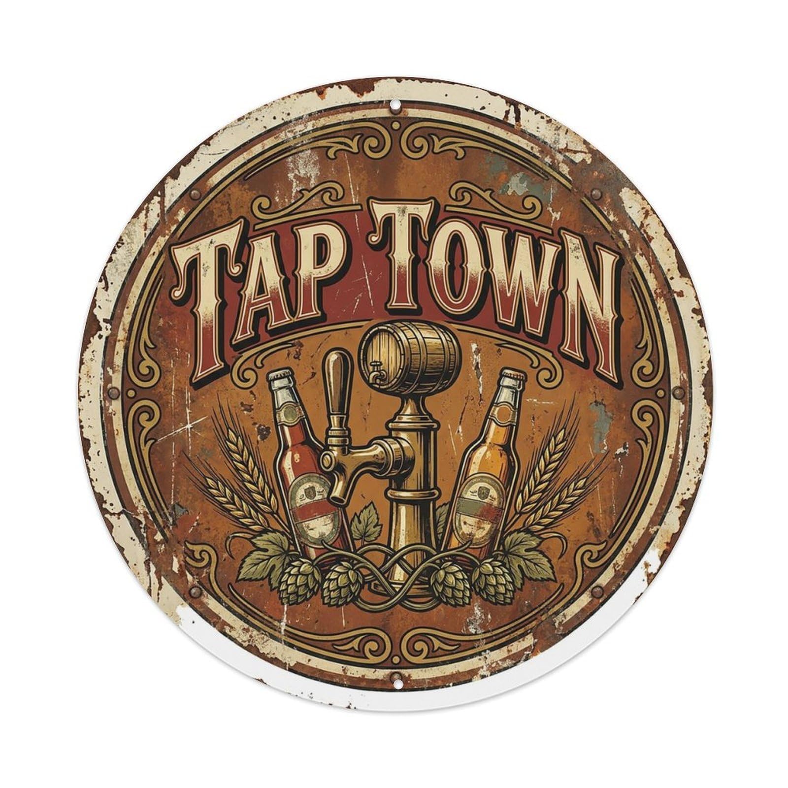 Vintage Beer Breweriana Tap Town Retro Bar for Pub Vintage Metal Tin Sign Plaque Wall Decor for Cafe, Club Bar, Office, Garden Metal Poster 8x8Inch