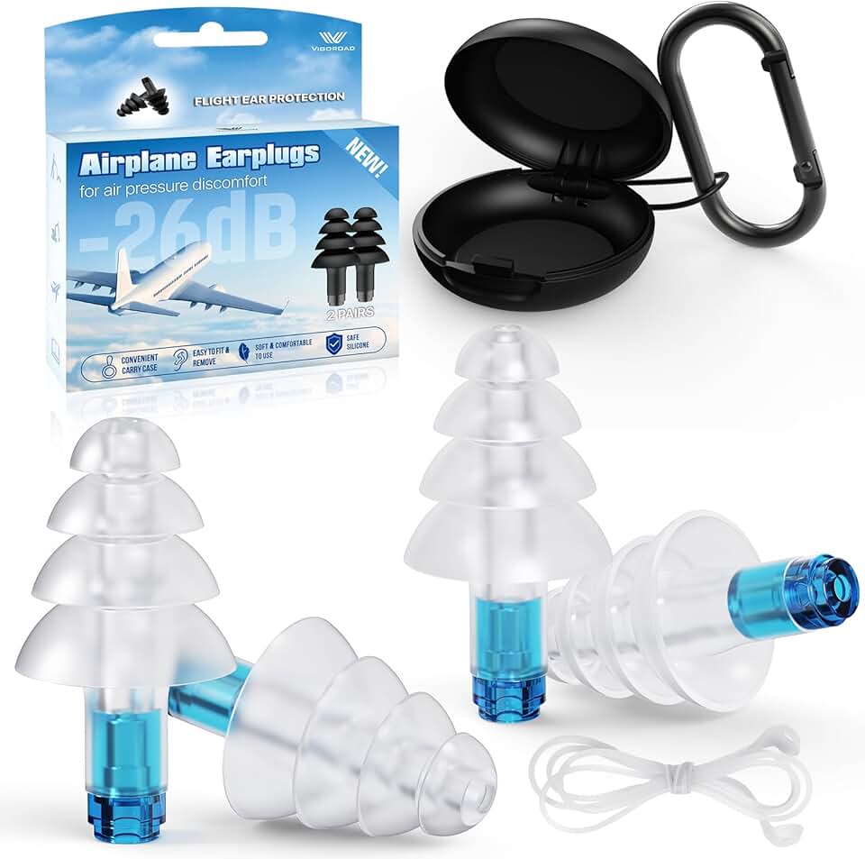 Ear Plugs for Airplane Pressure Relief, 2 Pairs Adults Soft Silicone Reusable Airplane Earplugs 26dB, with Silicone Connector Cord