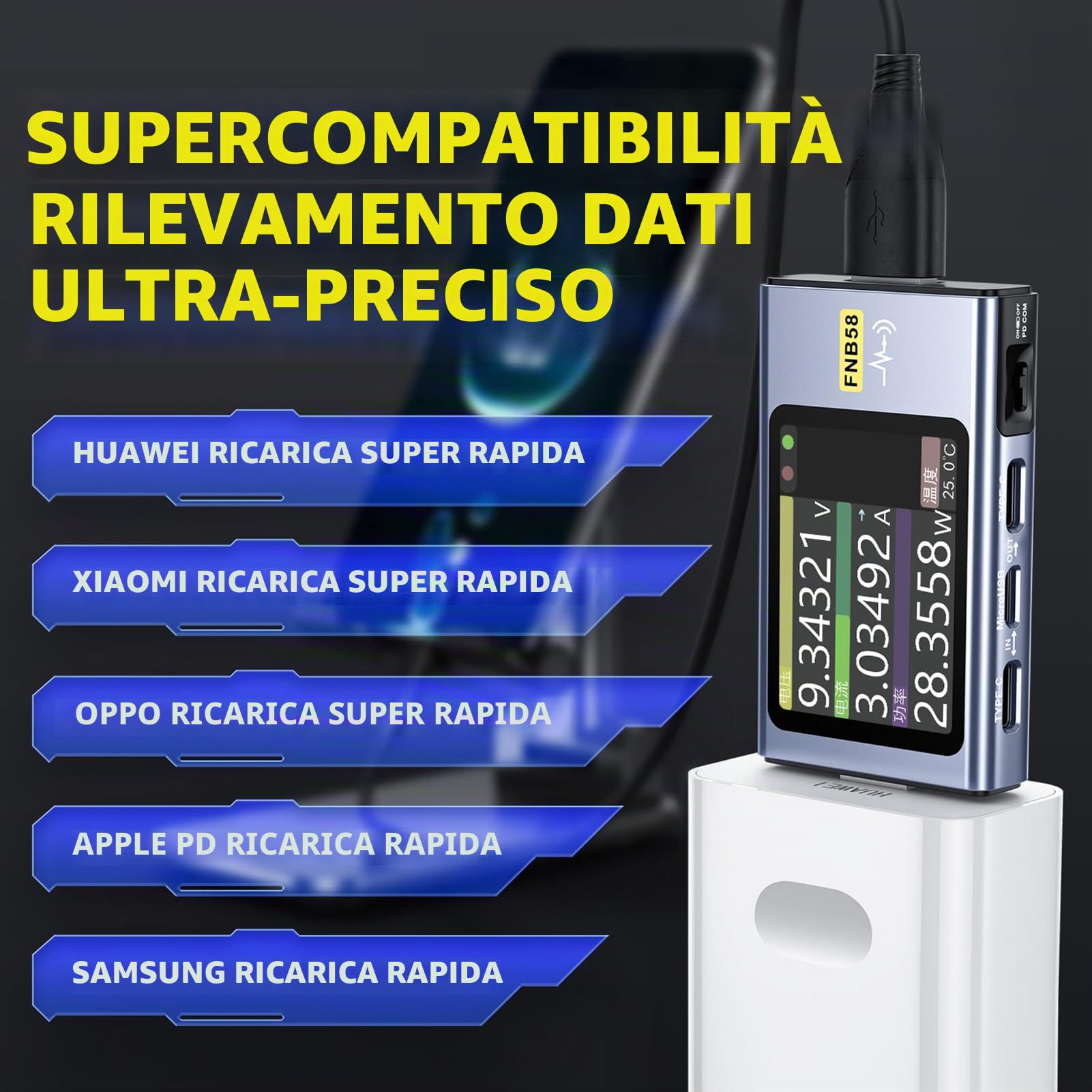 FNB58 Tester USB, Voltmetro Amperometro Digital Multimetro USB C Tester Supporta Bluetooth, rilevamento rapido della carica, monitoraggio della tensione 4-28V e misura capacità e ondulazione