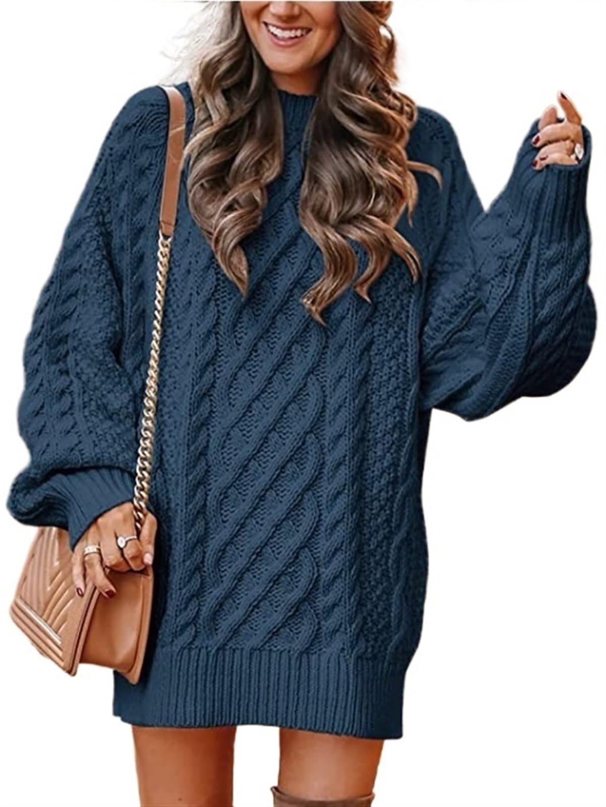 SINLEX Women Long Sleeve Oversized Cable Knit Chunky Baggy Loose Pullover Tunic Mini Sweater Dress Trendy Fall Outfits(Blue,L)