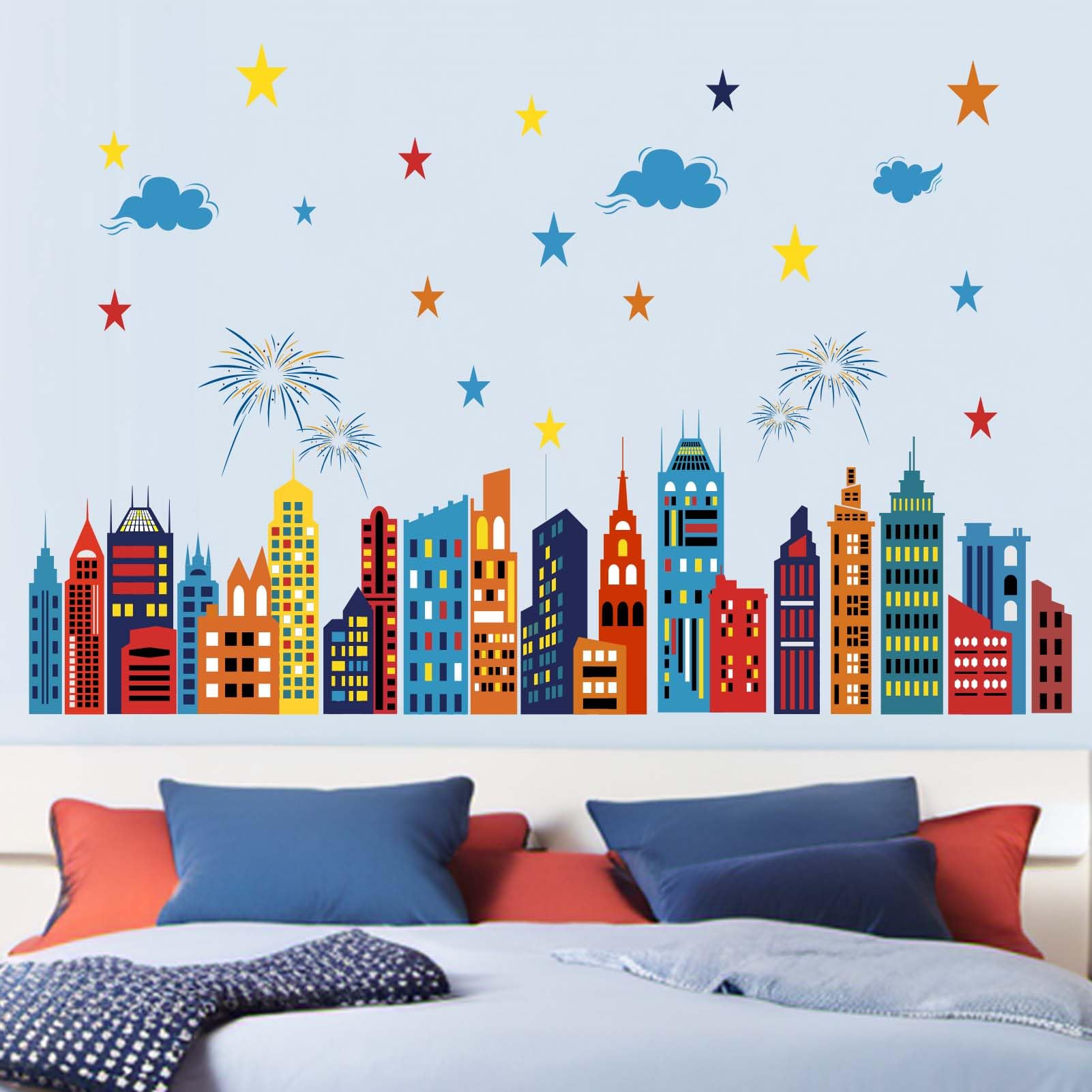 City Wall Stickers for Boys Room: Peel and Stick Colorful Hero Skyline Building Stars Cityscape Wall Decals