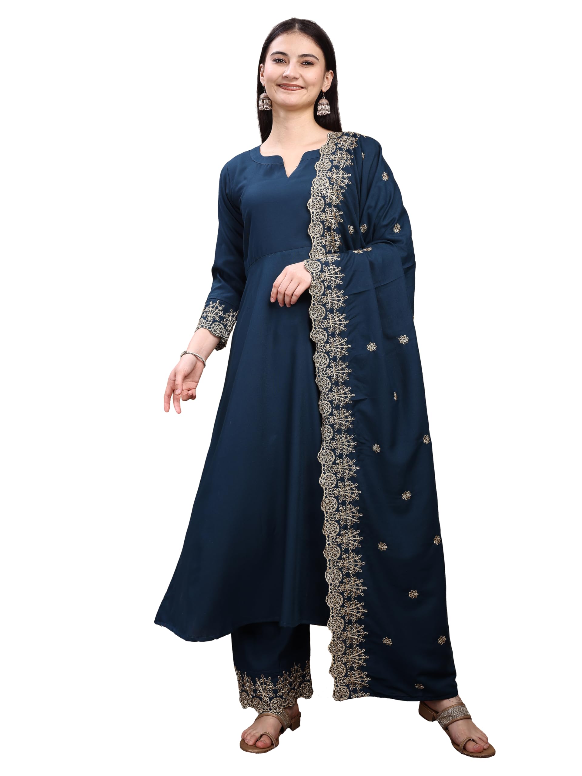 granthva fab Kurta Set for Women Silk Embroidered Anarkali Kurta Set for Women with Palazzos and Dupatta-picture-24