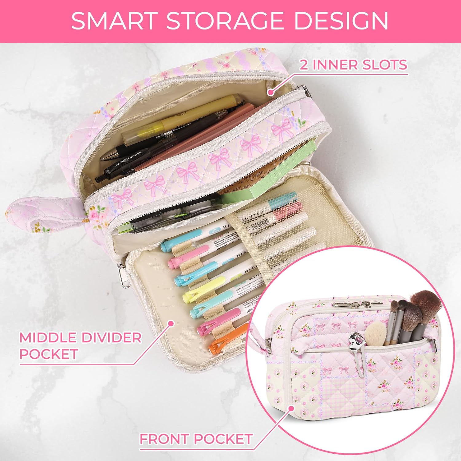 Quilted Pencil Pouch for Girls Women, Large Pencil Case Pouch with Compartments Cute Aesthetic Pencil Case Organizer, Floral Pencil Bag for School Supplies (pink pin) - Image 5