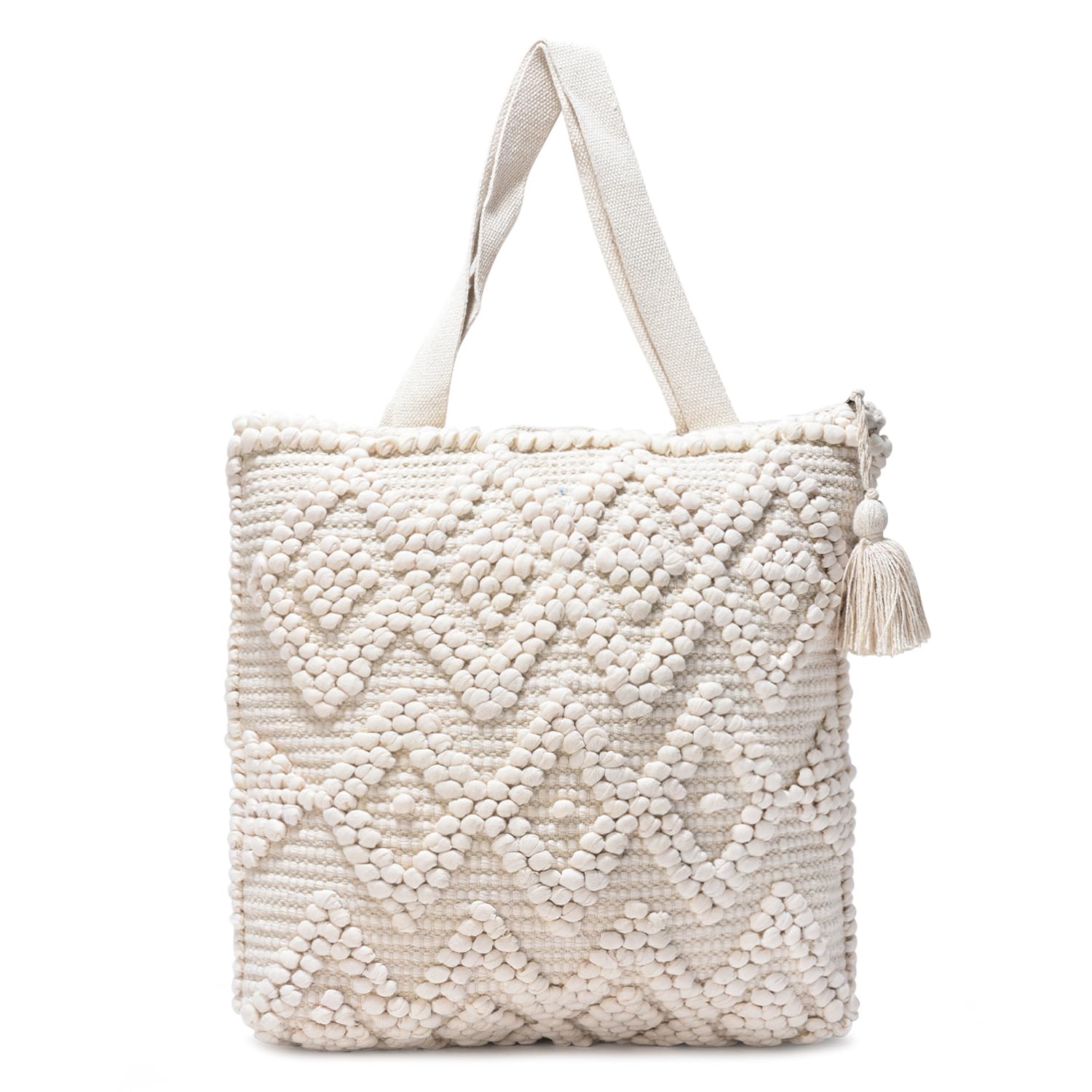 LoomEarth Handcrafted Boho Cotton Tote Bag with Textured Loop Pattern and Tassel | Eco-Friendly Shoulder Bag for Women | Spacious Travel, Beach & Shopping Tote Bags