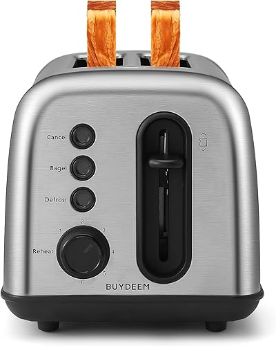 BUYDEEM DT420 Tostadora de 2 rebanadas, tostadora de acero inoxidable con ranuras extra anchas para bagels, magdalenas, palanca de elevación alta, 6