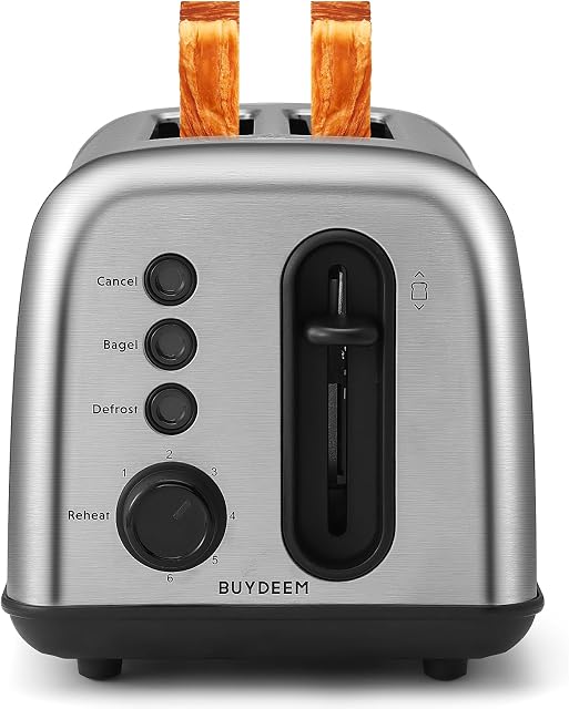 BUYDEEM DT420 2 Grille-pain, grille-pain en acier inoxydable avec des fentes extra larges pour les bagels, les muffins, le levier de levage élevé, 6 Paramètres de l'ombre, rétro-livraison