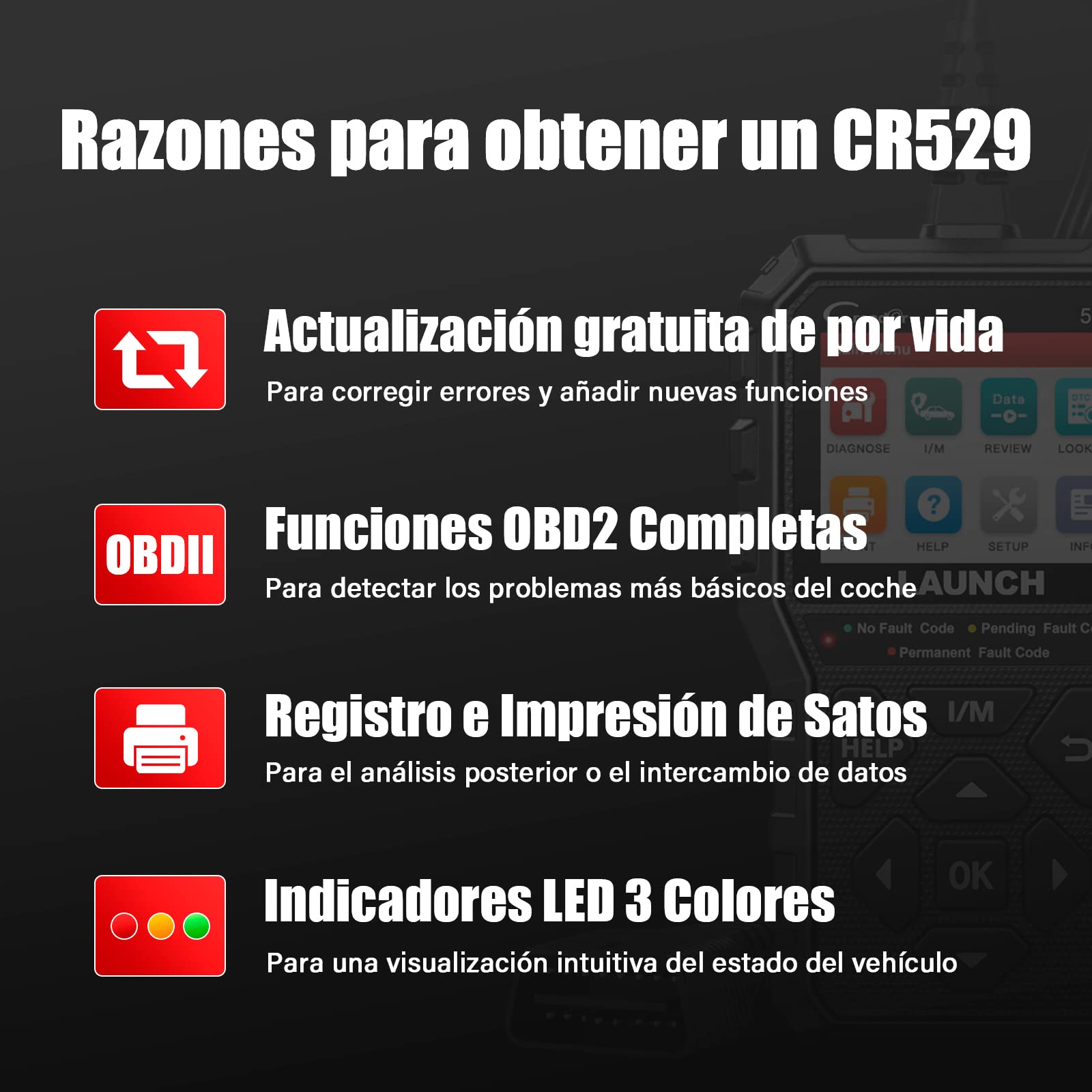 Launch - Escáner OBD2 CR529 Lector de códigos con función OBD2 Completa, con un Solo Clic I/M Readiness, Apagado de la luz del Motor, Herramienta de escaneo Can, Herramienta de diagnóstico de Coche