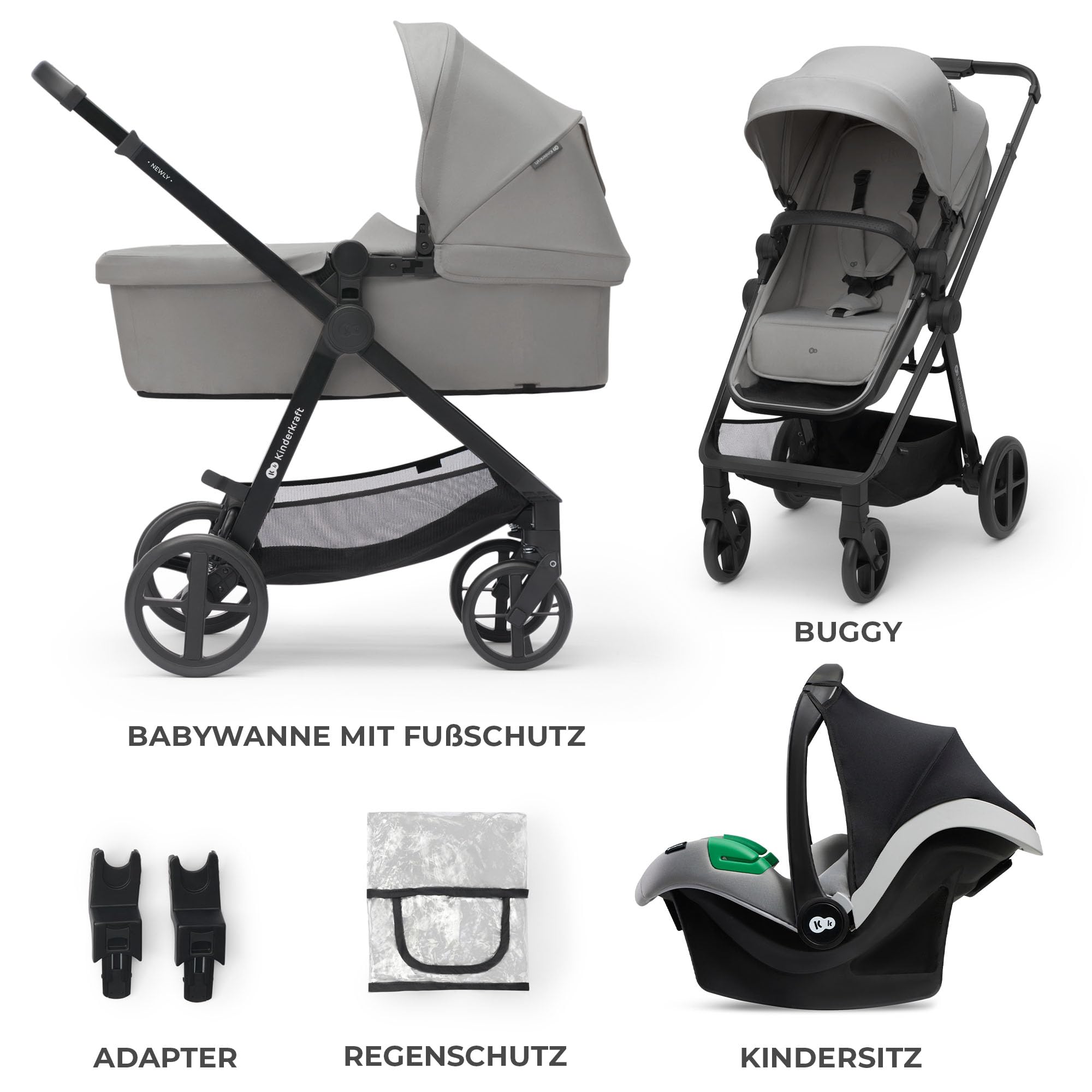 Kinderkraft Kinderwagen 3 in 1 Komplettset bis 22 kg, I-Size 40-75 cm, wasserfestes Verdeck UPF50+, zusammenklappbar, Liegeposition, Grau