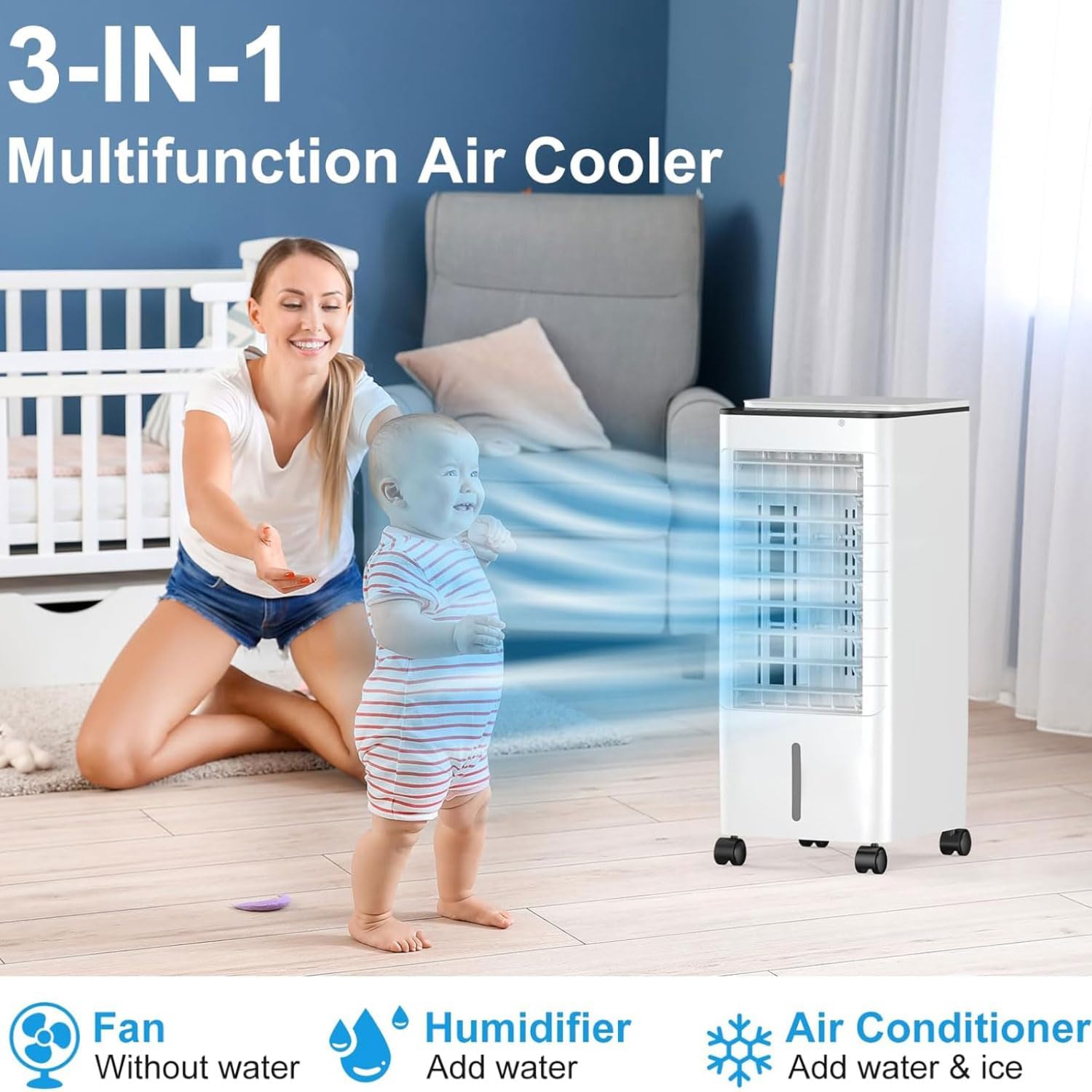 Raffreddatore d'Aria, Portatile 3-in-1 da 9l, Timer di 15 Ore, 3 Impostazioni di Velocità, Oscillazione a 90° con 4 Cristalli di Ghiaccio, Raffreddamento a Basso Consumo Energetico per Uso Interno e i