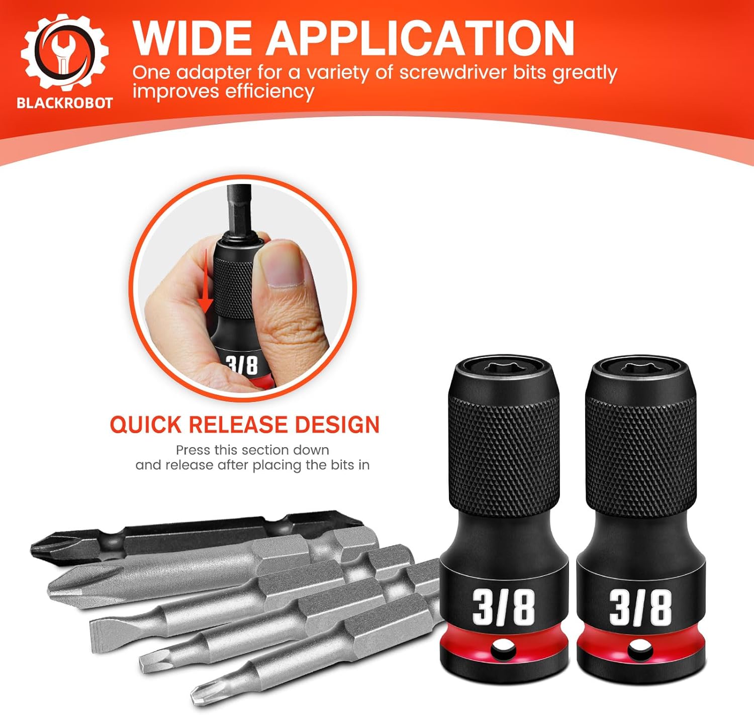 BLACKROBOT 2PCS Quick Release Impact Bit Holders 3/8-Inch Square Drive to 1/4-Inch Hex Socket Adapter, CR-MO Steel, Embossed Size Marking