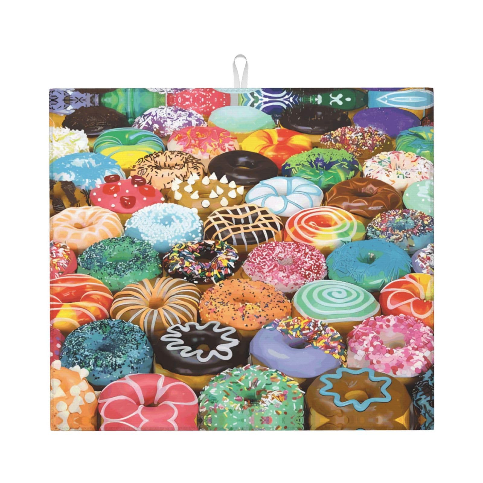 WHJSSF Donuts Prints Kitchen Drying Mat - Absorbent Dish Drying Throw with Colorful Prints, Quick-Dry Countertop Layer for Dishes & Appliances - Non-Slip & Foldable