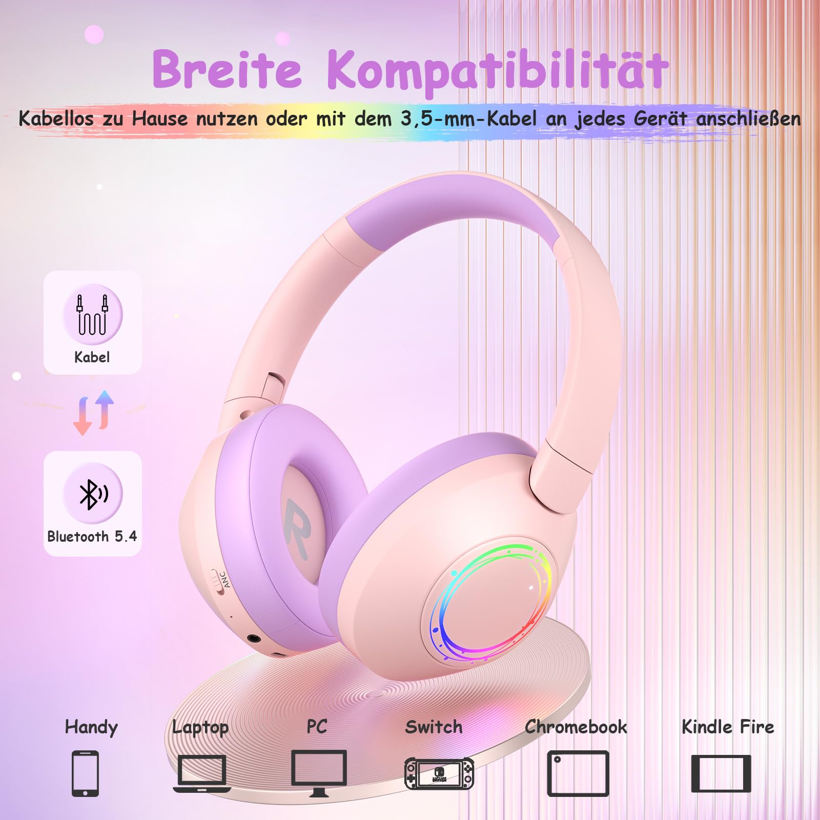 TONOSHARK Noise Cancelling Kopfhörer Kinder, Kinderkopfhörer Bluetooth, Bunte RGB LED Leuchte, 60h Spielzeit, Bluetooth 5.4, Headset Over Ear, Für Zuhause/Schule, Inkl. Kopfhörer Case (Rosa)