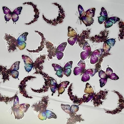 30 calcomanías de vinilo transparentes de PET, mariposa, luna, flor, a granel para álbumes de recortes, manualidades, diario, planificadores,