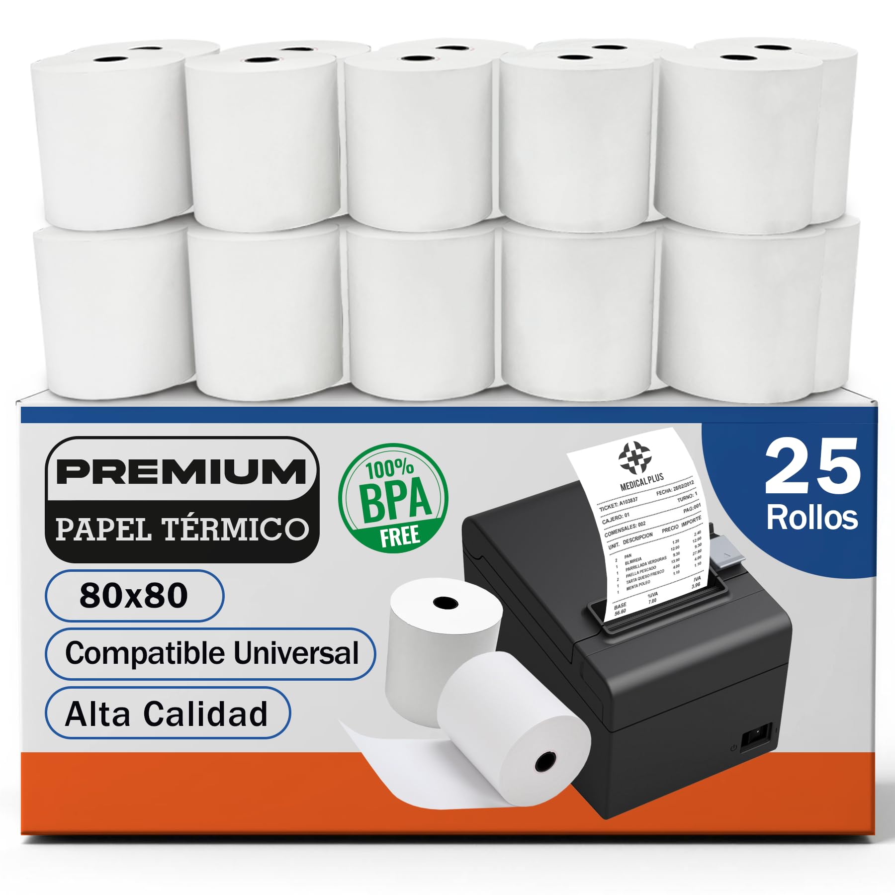 25 Rollos de Papel Térmico Premium 80x80 mm XXL Cia&Co, Alto Gramaje Blanco, BPA Free, Mandril 15 mm, Línea Roja, Compatible TPV POS ePOS, QRs y Códigos de Barras Legibles para VeriFactu y TicketBai