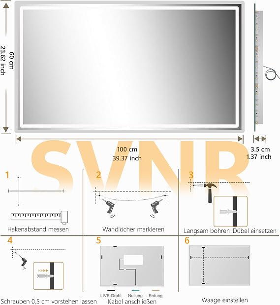 SVNR Bathroom Mirror 120 x 60 cm Bathroom Mirror with Lighting 3 Button Touch Control 3 Light Colours Continuous Brightness Control Anti-Fog & Memory Function Aluminium Frame
