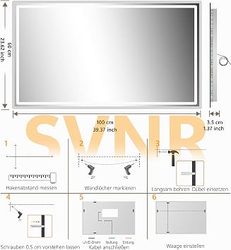 SVNR Bathroom Mirror 120 x 60 cm Bathroom Mirror with Lighting 3 Button Touch Control 3 Light Colours Continuous Brightness Control Anti-Fog & Memory Function Aluminium Frame