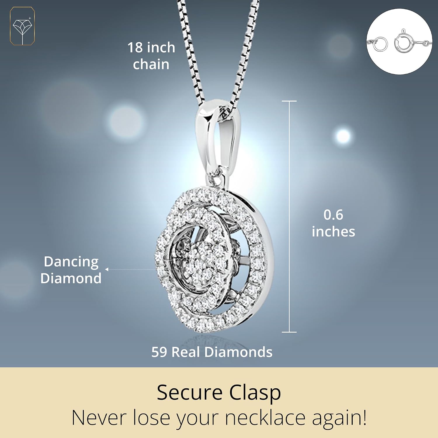 MAX + STONE Dancing Diamond Necklace for Women | Sterling Silver Pendant With 18 Inch Chain | Real Diamond Jewelry
