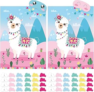 ASTARON 2 Sets Pin The Tail on The Llama Cinco de Mayo Mexican Fiesta Llama Themed Birthday Party Games for Kids with 2 Large Posters 48pcs Tail Stickers