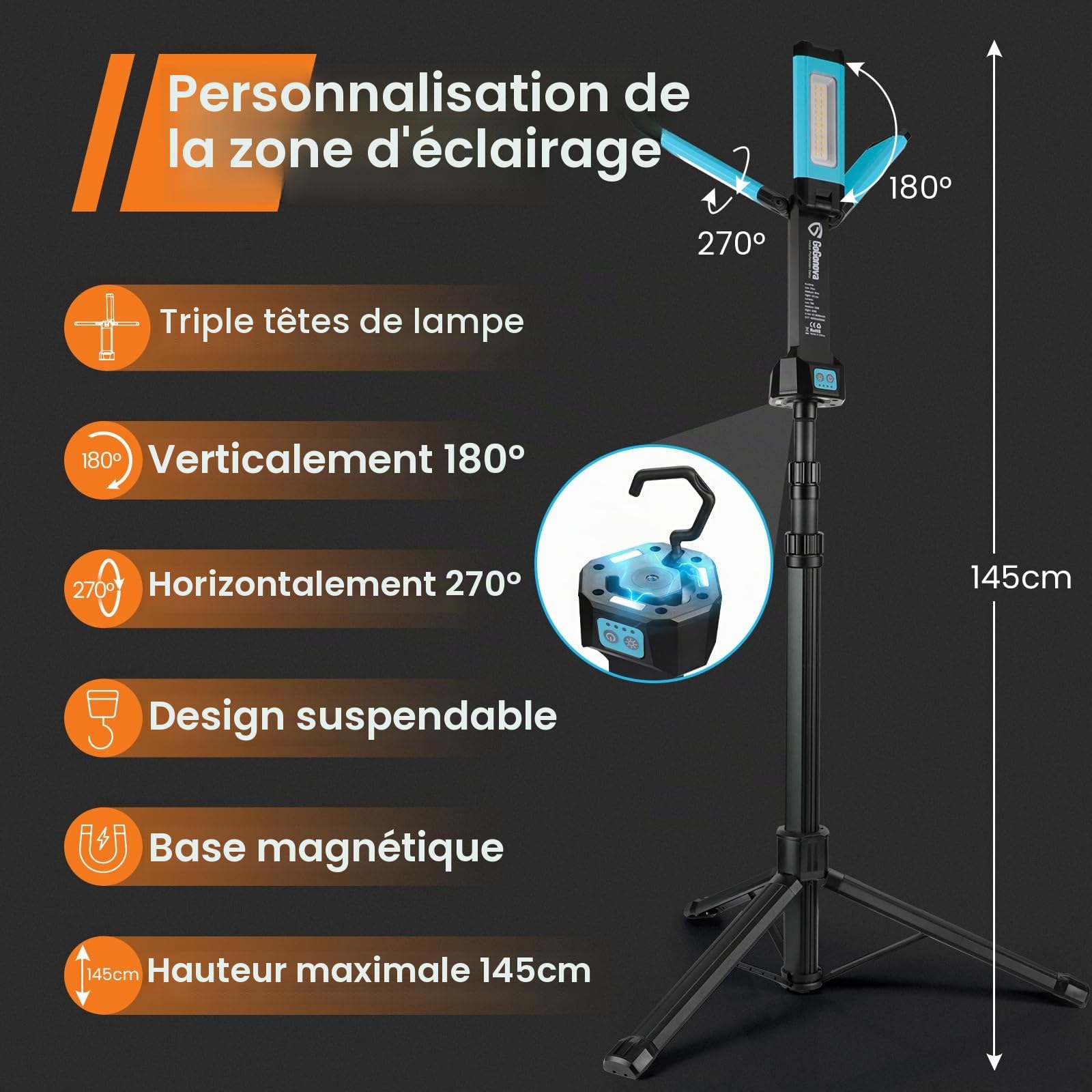Projecteur de Chantier LED avec trépied, Lampe de Travail/Lampe de Travail sans Fil GoGonova avec Batterie 8000mAh, 700/1200/2200 lumens, 4000/6500 K, trépied télescopique 170cm et Sac de Transport
