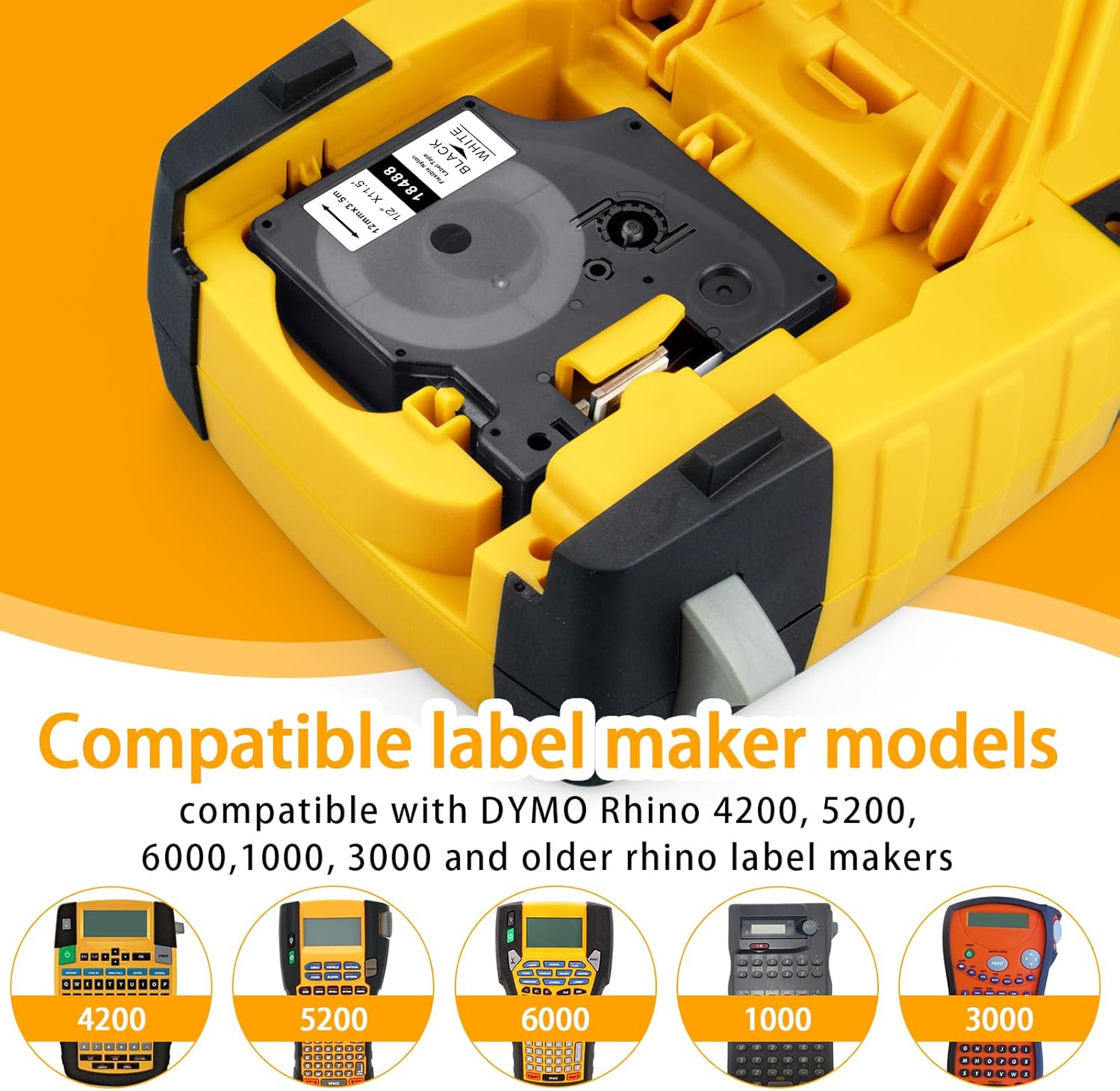 18488 Replace for Dymo Rhino Flexible Nylon Industrial Label Tapes, Use with DYMO Rhino Pro 4200 5200 5000 6000 Label Maker, Black on White, 1/2'' x 11.5' (12mm x 3.5m), 4-Pack