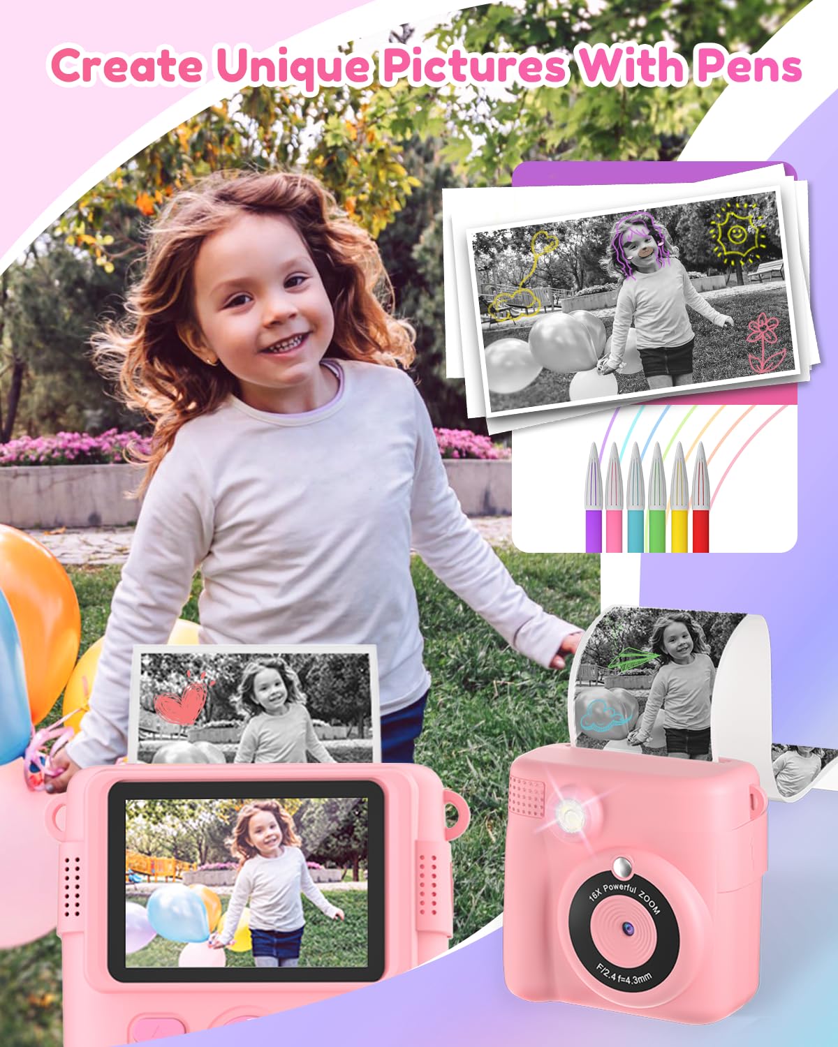 YORKOO Kids Instant Camera with Photo Paper, 1080P HD Digital Camera for Girls, Creative Gift for Children Age 4-10, Video Recorder, 32GB SD Card - Pink — view 5