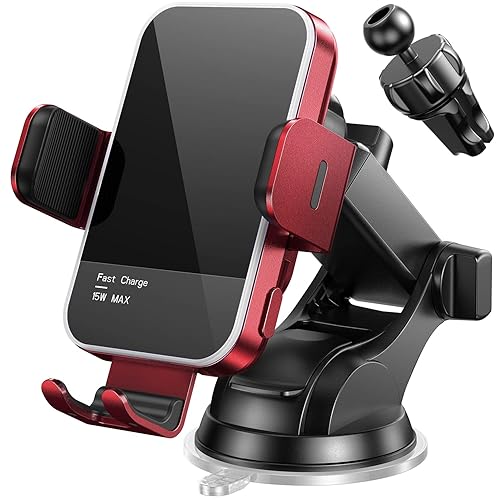 Wireless Car Charger,【7 Colored RGB Backlit】Mosurr 15W Auto Clamping Car Charger Phone Mount Holder fit for iPhone 15 14 13 12 Mini Pro Max 11 XR XS, Samsung Galaxy S24 Ultra S23 S22 S21+ Note 20, etc - Red