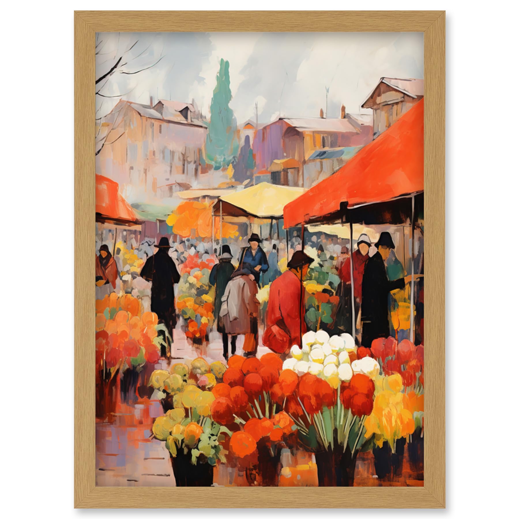 Artery8 Busy Flower Market Warm Amber Orange Yellow Oil Painting Artwork Framed Wall Art Print A4