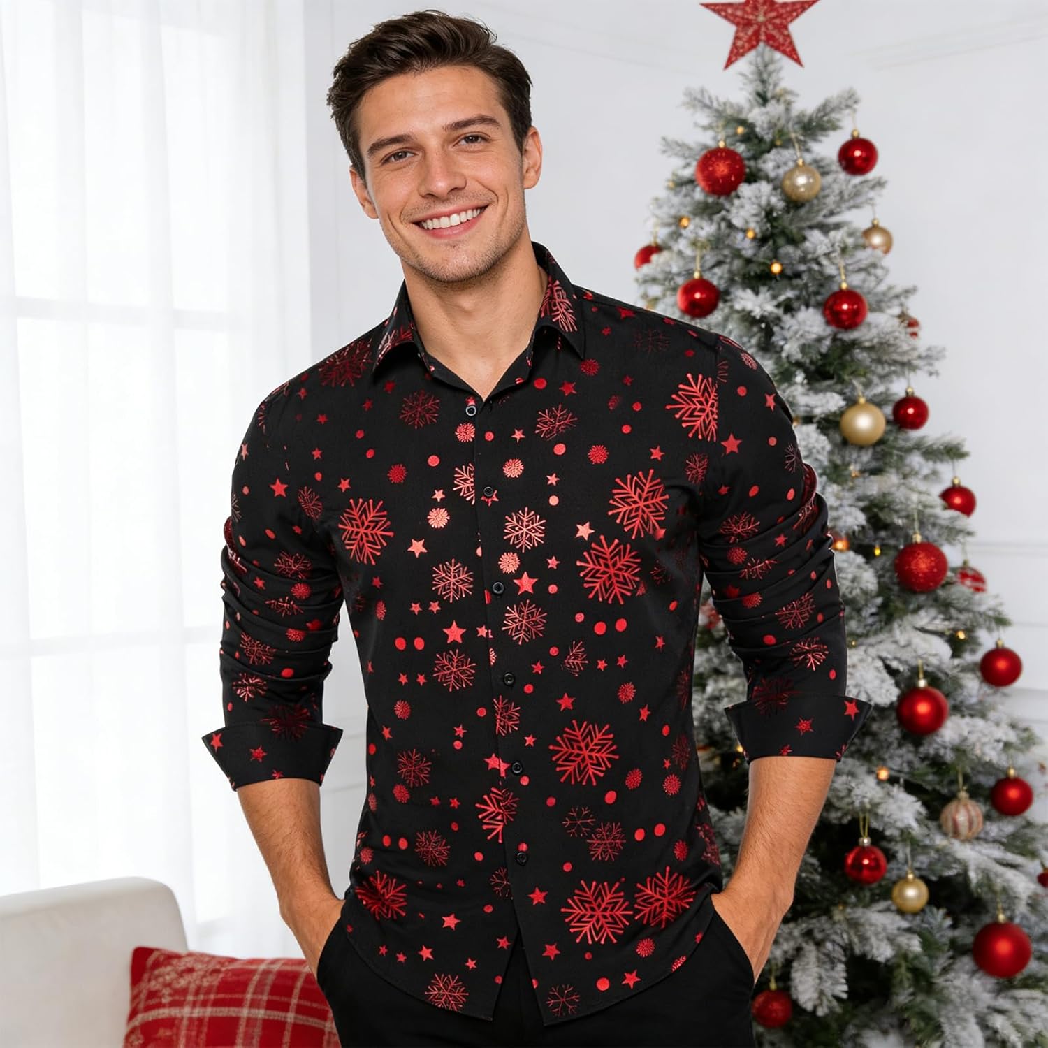 DiBanGu Christmas Dress Shirt for Men Xmas Holiday Party Shirts Long Sleeve Fun Snowflake Casual Button Down Shirt S-3XL - Image 2
