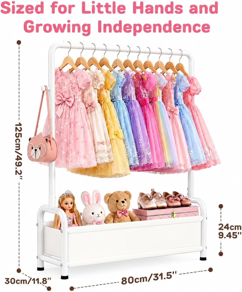 Kids Clothing Rack with Storage Basket: Sturdy U-Shaped Base Dress Up Storage - Baby Clothes Rack Baby Closet Organizer for Costumes, Shoes & Accessories, Bedroom, Playroom, Nursery