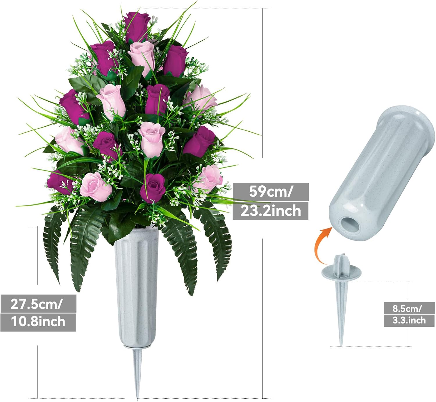 XONOR 2 Sets Artificial Cemetery Flowers, Grave Decorations Roses, Memorial Flowers Bouquet with Vase for Grave Cemetery Decoration (Purple&Pink)