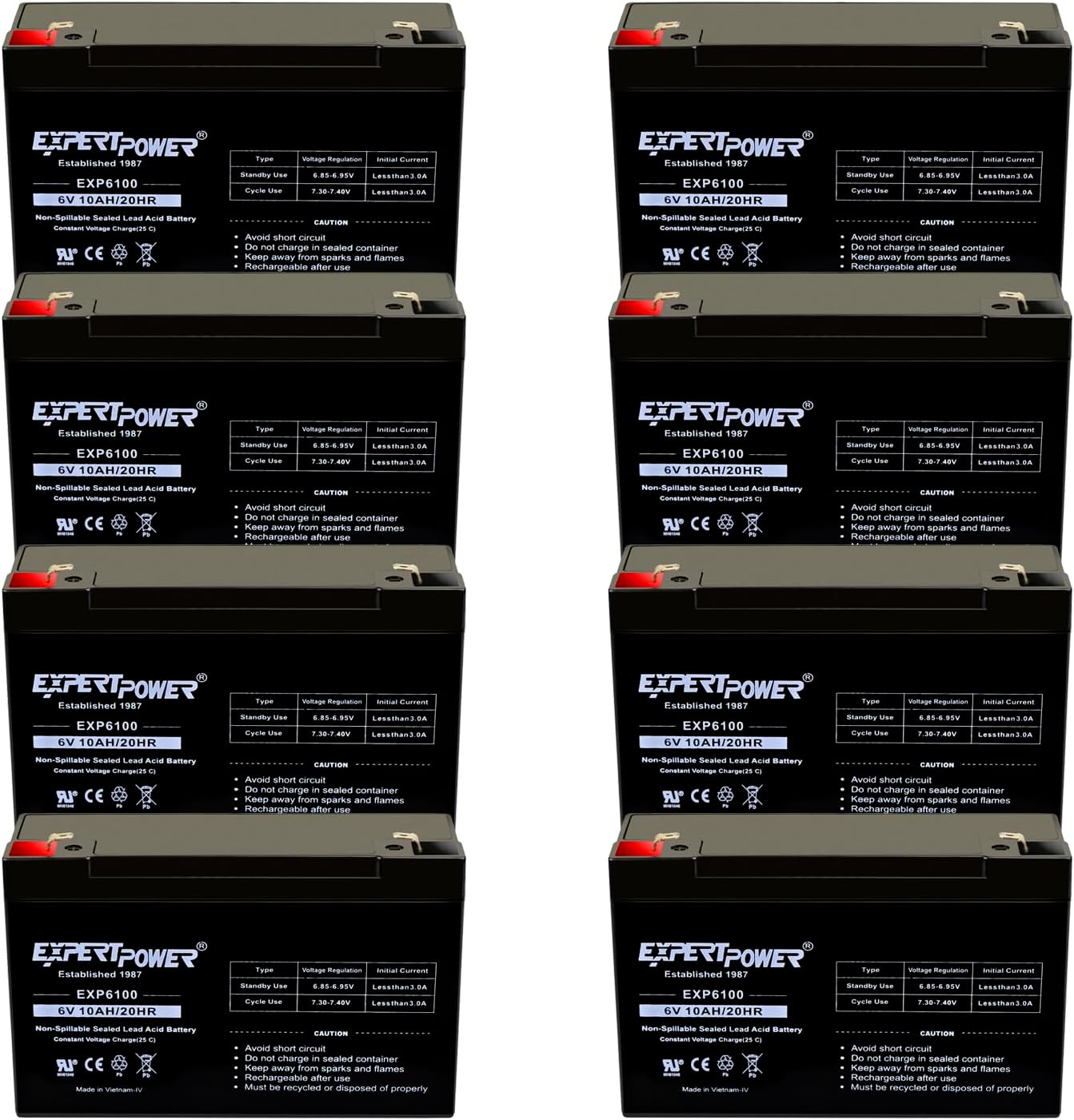 ExpertPower EXP6100 6V 10Ah - (8 Pack) SLA AGM 6V Battery for Emergency Light, Deer Feeder, Solar Storage, Electric Scooters, 6 Volt Battery Rechargeable, VRLA Batteries Replacement (F1 Terminal)