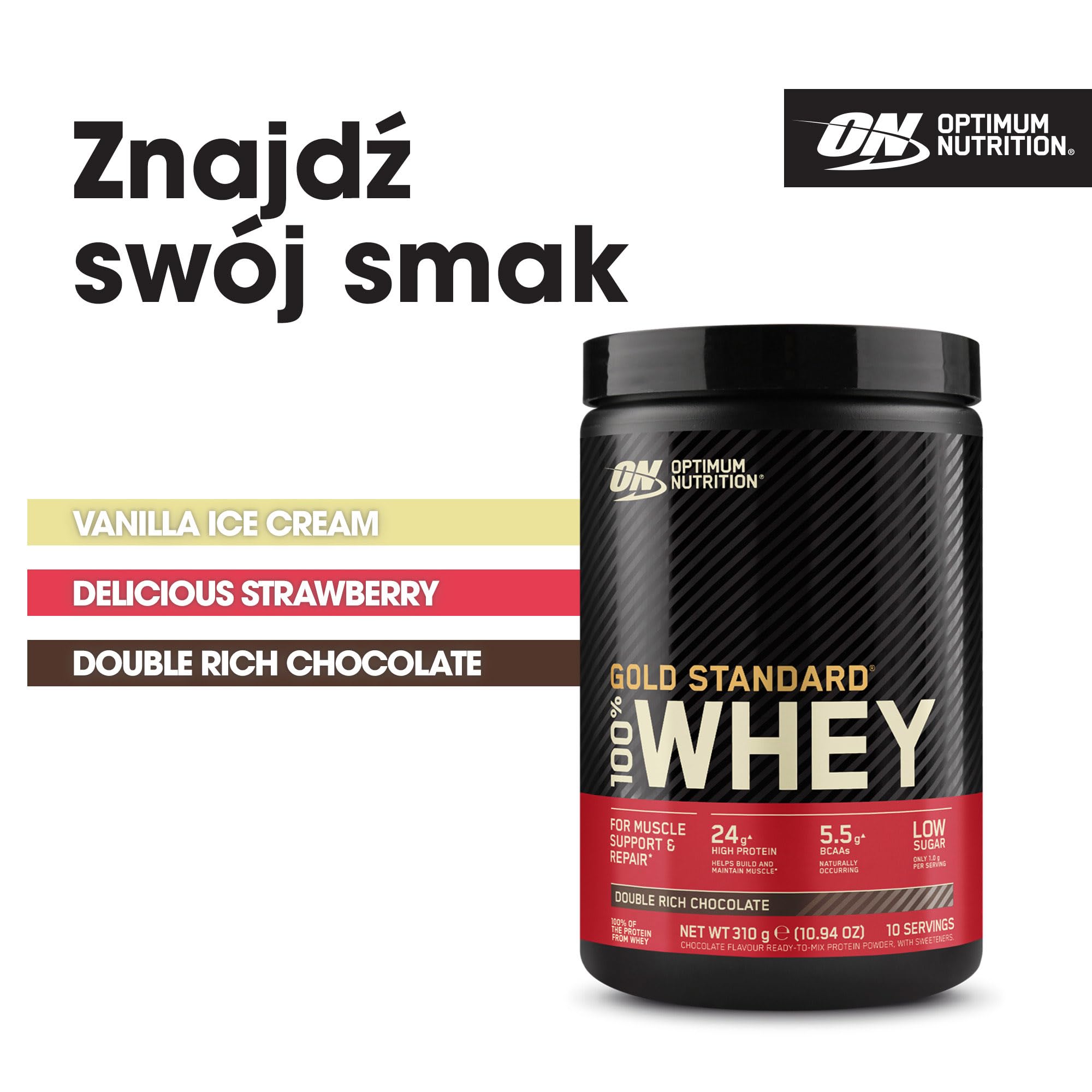 ON Gold Standard 100% Whey - Odżywka białkowa wspomagająca budowę mięśni i regenerację, zawierająca naturalnie występującą glutaminę i aminokwasy BCAA, smak podwójnej czekolady, 10 porcji, 310 g