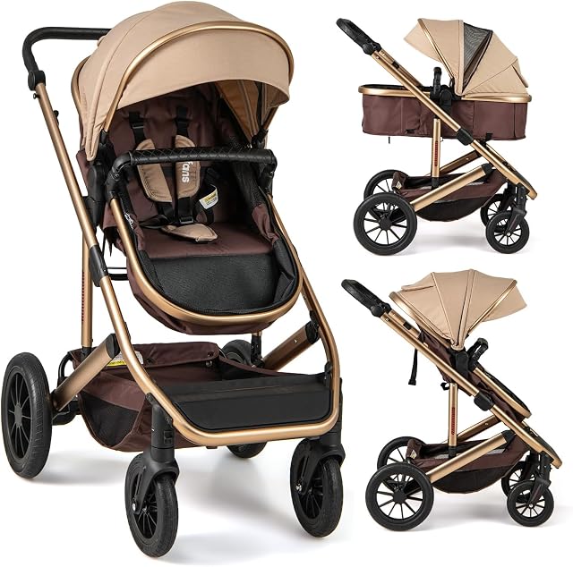 INFANS 2 in 1 Baby Stroller, Folding Newborn Pram Convertible Stroller Bassinet for Infant Foldable High Landscape Shock Absorption with Reversible Seat Aluminum Structure for Pushchair (Khaki)