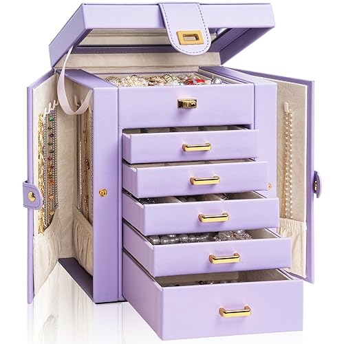 AKOZLIN Jewelry Box Organizer Functional Leather Jewelry Storage Case for Women Girls Ring Necklace Earring Bracelet Holder Organizer with Mirror Purple - Violet - Regular
