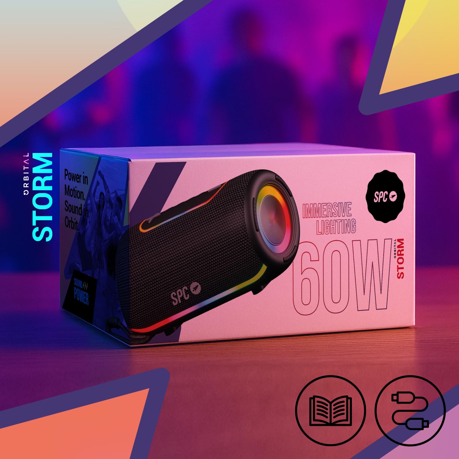 SPC Orbital Storm – Enceinte Bluetooth puissante 60W Portable avec lumière LED 360° | Jusqu’à 20h d’autonomie | Étanche IPX6 | True Wireless | USB, microSD, Jack 3,5mm | Enceinte avec Sangle
