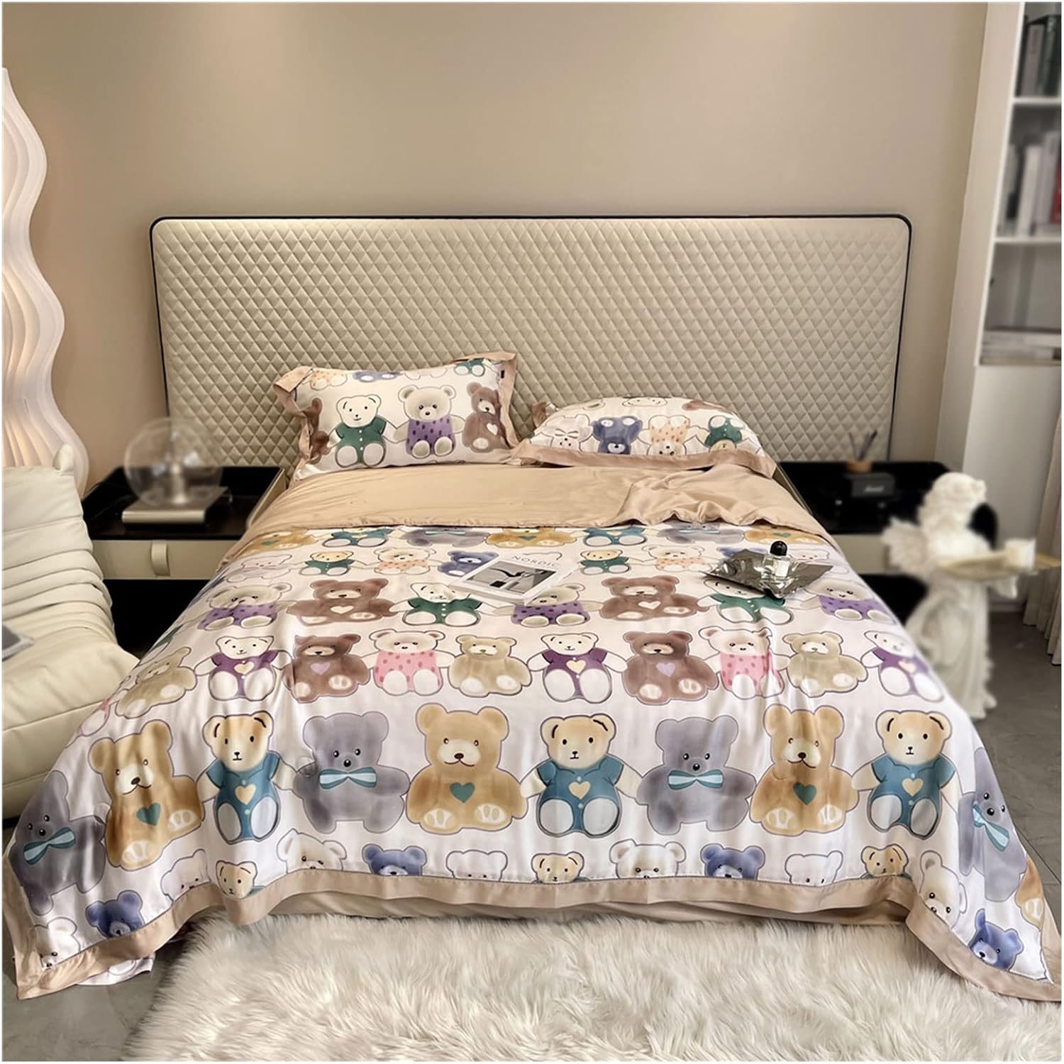 Little Bear 60S Tencel Summer Cool Quilt Four-Piece Lyocell Fiber Printed Summer Quilt Ice Silk Machine Washable Thin Quilt Suitable for Children and Youth 220 * 240cm (220 * 240cm)