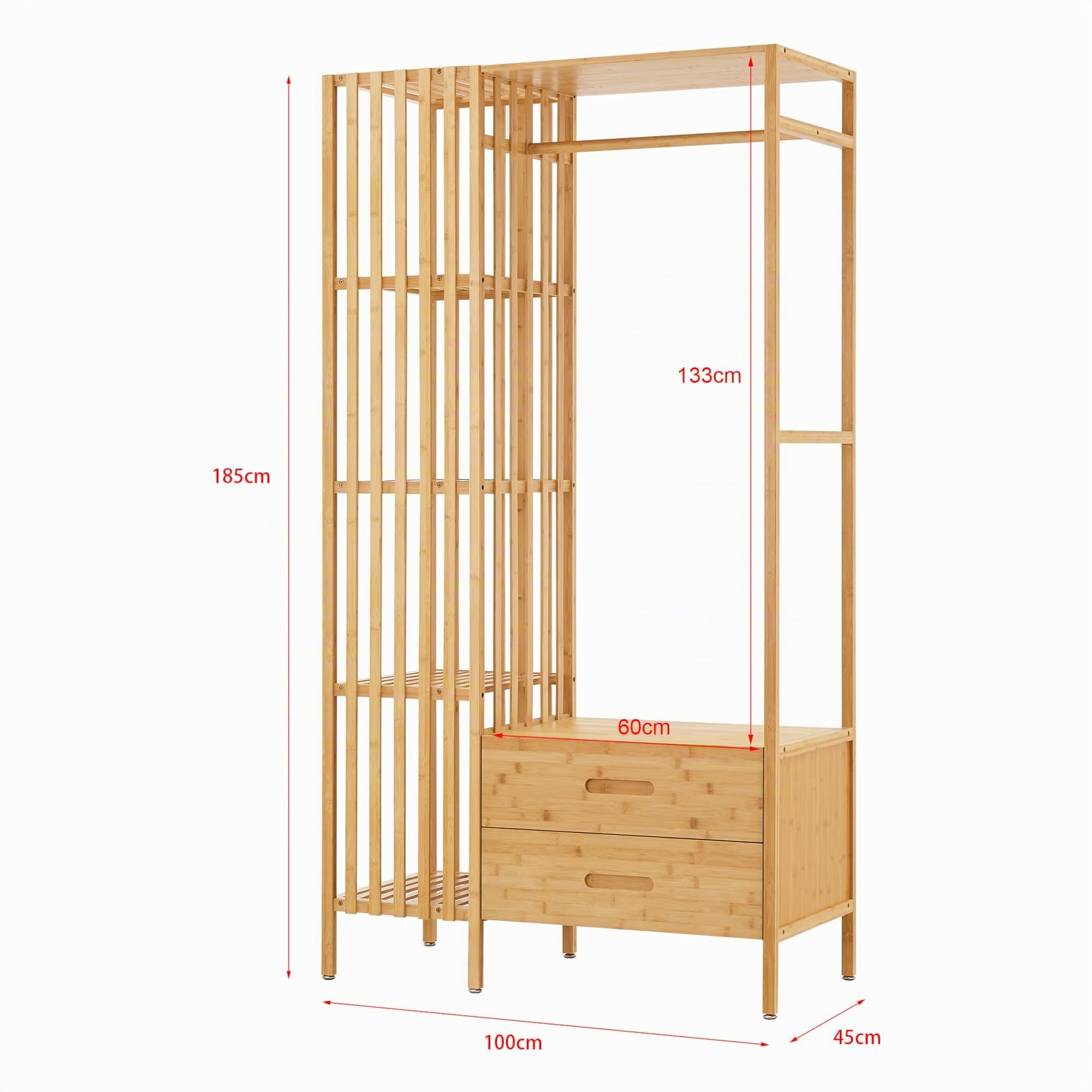 [en.casa] Perchero Burro con 2 Cajones y 4 Estantes Laterales de Rejilla Soporte de Ropa 185x100x45 cm Estilo Moderno Óptima Ventilación para Dormitorio Recibidor Oficina Bambú - Natural