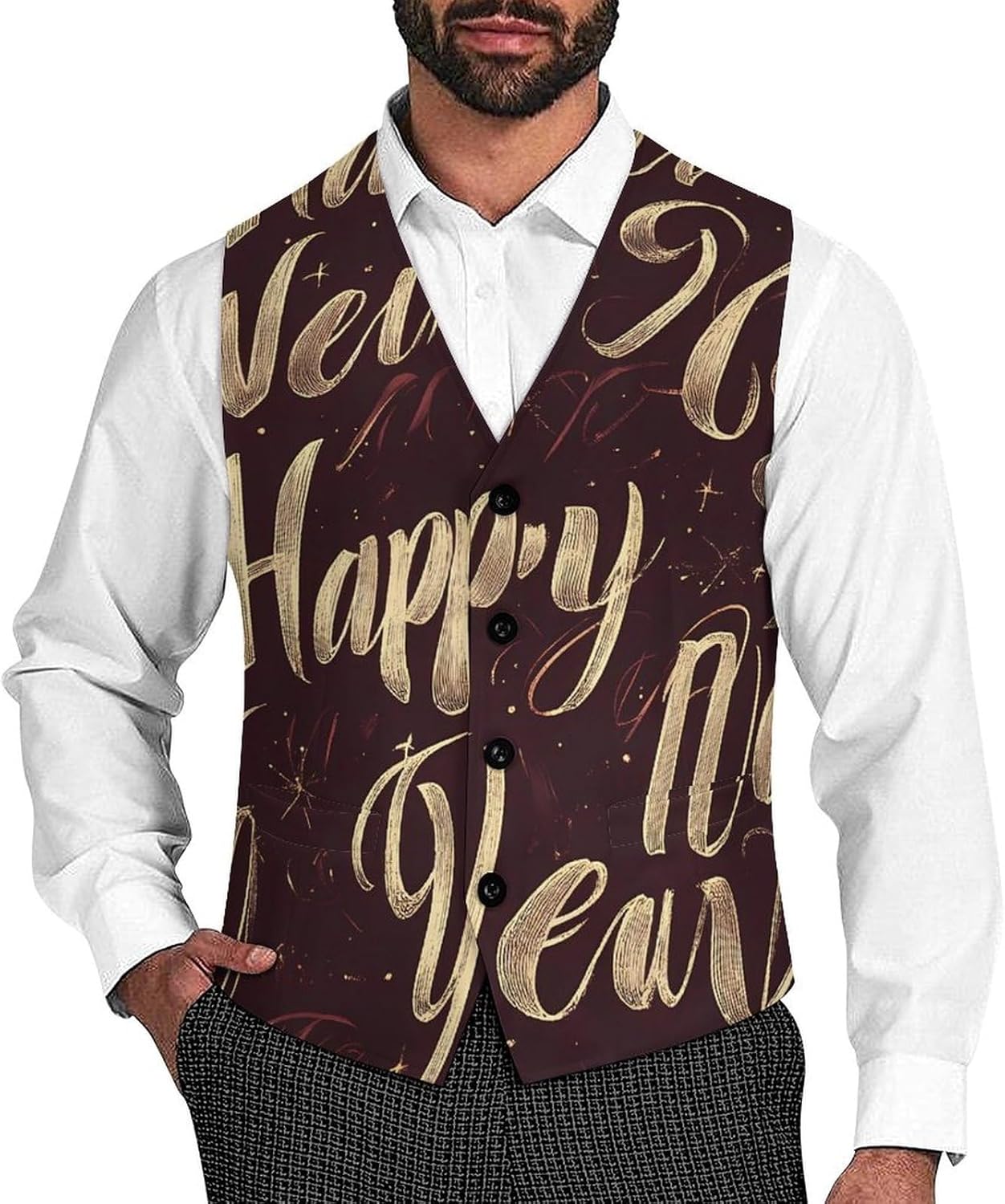 Happy New Years Art Casual Suit Vest for Men Formal Business Dress Regular Fit Waistcoat Tuxedo