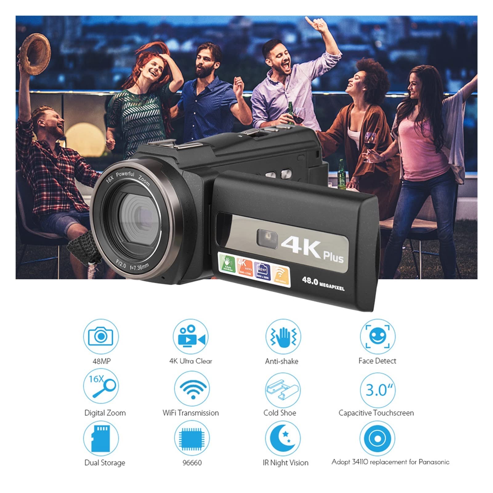 Registratore con fotocamera digitale Camcorder for videocamera digitale WiFi 4K / 60FPS 48MP Registratore videocamera con 16x Zoom 3 pollici Batterie touchscreen Telecomando