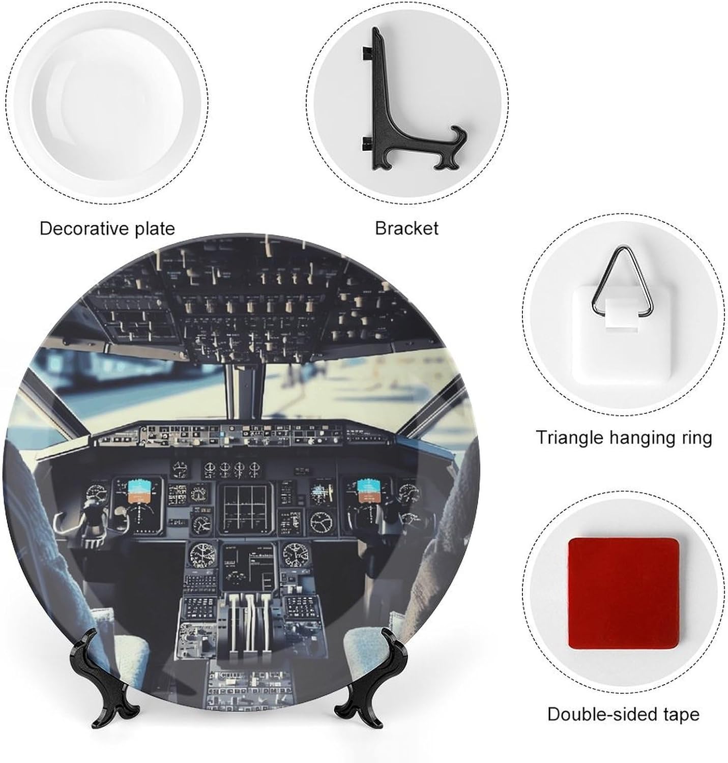 Airplane Cockpit Ceramic Decorative Plate for Home, Bone China Plates | Chinese Style Decorative Dish with Stand, Dinner Plates Art Crafts for Wall Decor, Collections Plate with Hook 10inch