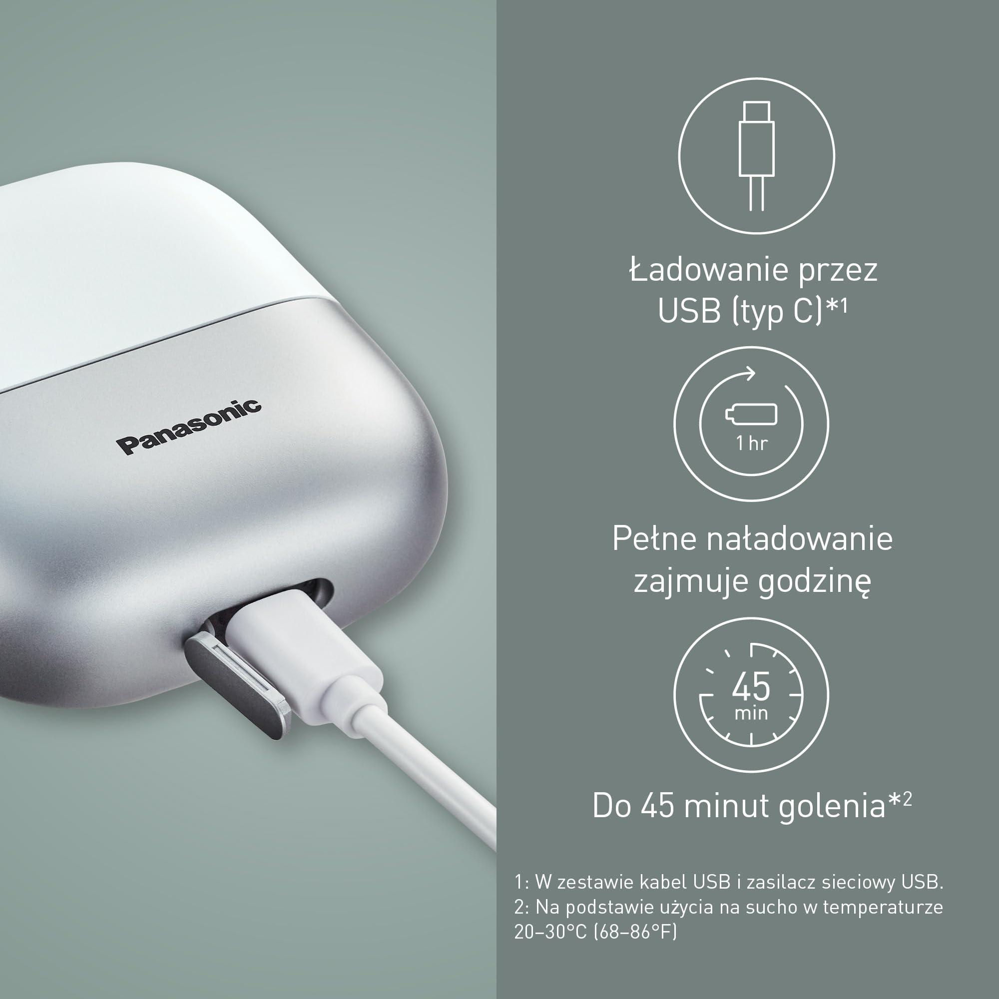 Panasonic ES-ACM3BW503 Seria 700 Kompaktowa Golarka z 3 Ostrzami, Mokra i Sucha Elektryczna Golarka dla Mężczyzn, Czujnik Brody, Wodoodporność IPX7, Ładowanie USB-C, Zasilacz USB AC, Biały