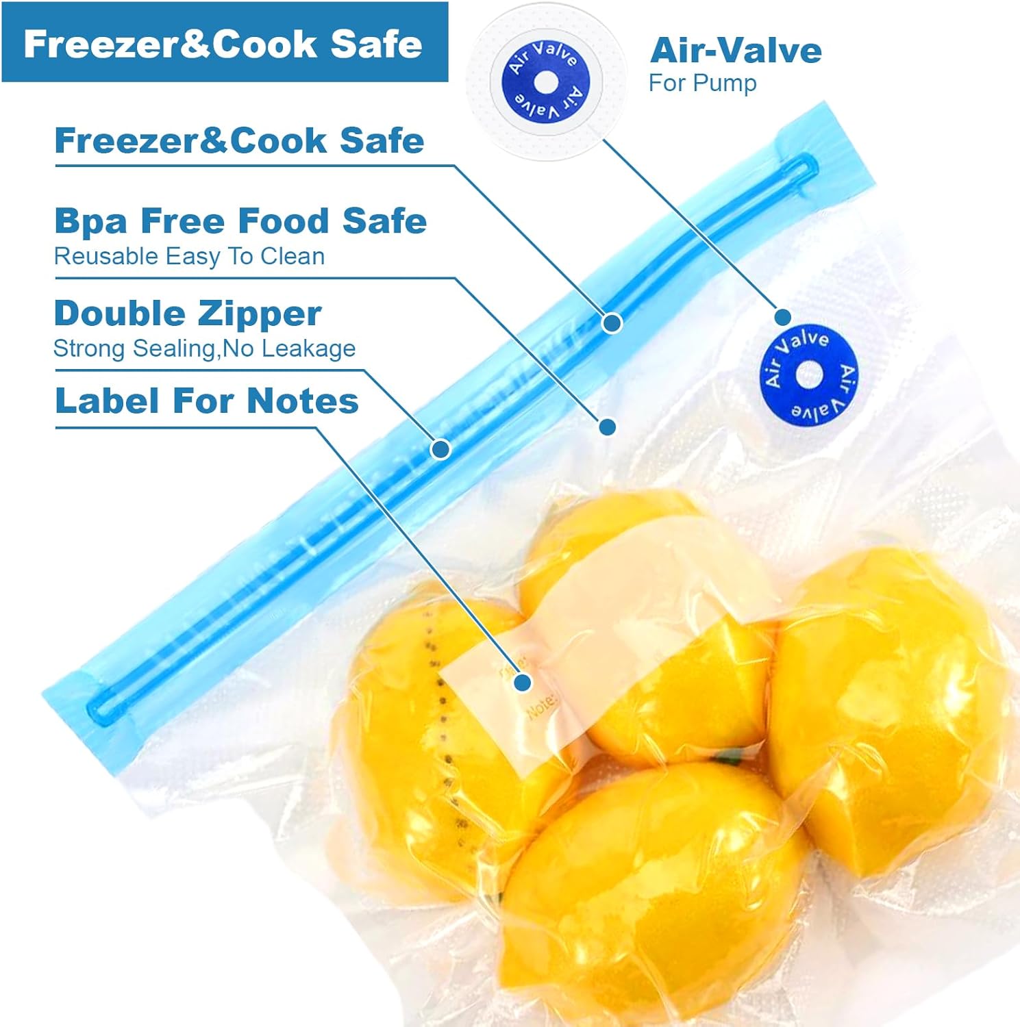 60 Pack Reusable Sous Vide Bags Vacuum Sealer for Food with 10 Sealing Clips, 4 Sizes BPA-Free Vacuum Zipper Storage Freezer Bags with Air Valve, Double Layers Leak Proof Design for Food Storage - Image 3