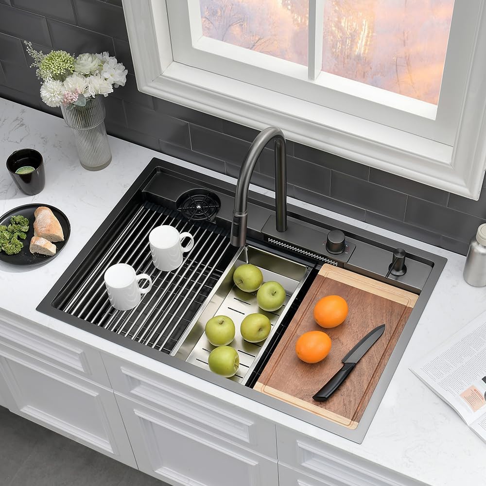 33x22 Black Stainless Steel Waterfall Kitchen Sink Drop In Top Mount | Black Kitchen Sink 33x22 Drop In Waterfall Sink 16 Gauge Stainless Steel Single Bowl Multifunctional Smart Sink with Facuet