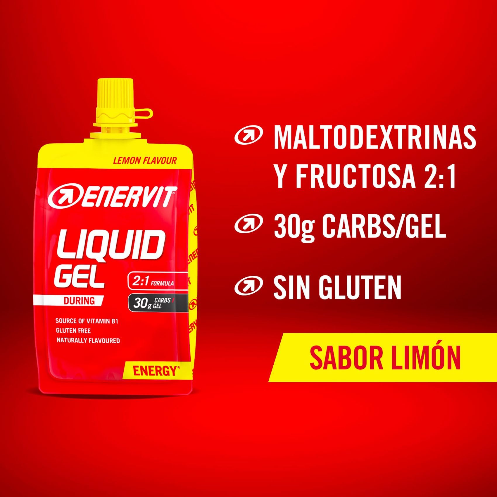Enervit, Liquid Gel Limón, Ideal para Deportes de Resistencia, Proporciona 30 Gramos de Carbohidratos, con Maltodextrina, Fructosa y Vitamina B1, 18 Paquetes de 60 Mililitros