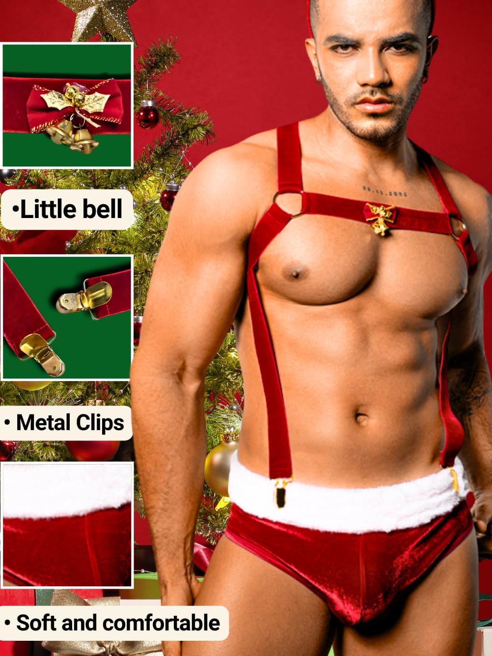 ChiaoLezhee 3 Piece Christmas Lingerie Set, Sexy Santa Claus Costume For Men, Xmas Boxers Outfits Velvet Underwear