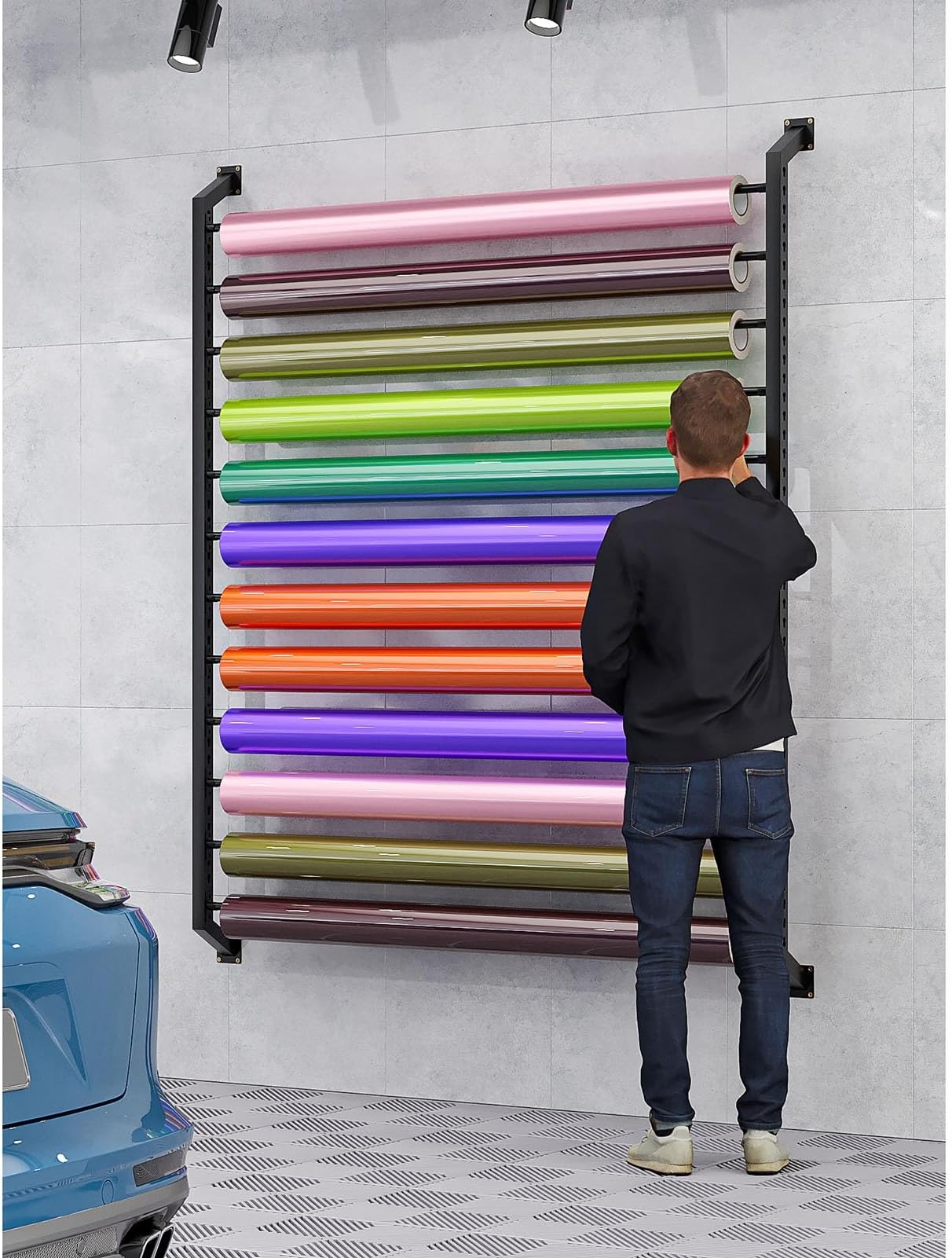 Commercial Car Color Change Vinyl Wrap Holder Window Sun Film Display Rack for Car Beauty Shop Garage, Multi-Use Wall Mount Fabric Roll Storage Rack with 12 Adjustable Hanging Rod