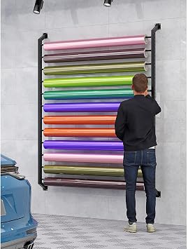 Wall Mount Vinyl Wrap Roll Holder, Commercial Car Color Change Film/Window Film Display Rack for Car Beauty Shop Garage Workshop, Adjustable Fabric Roll Storage Rack for Up to 12 Rolls