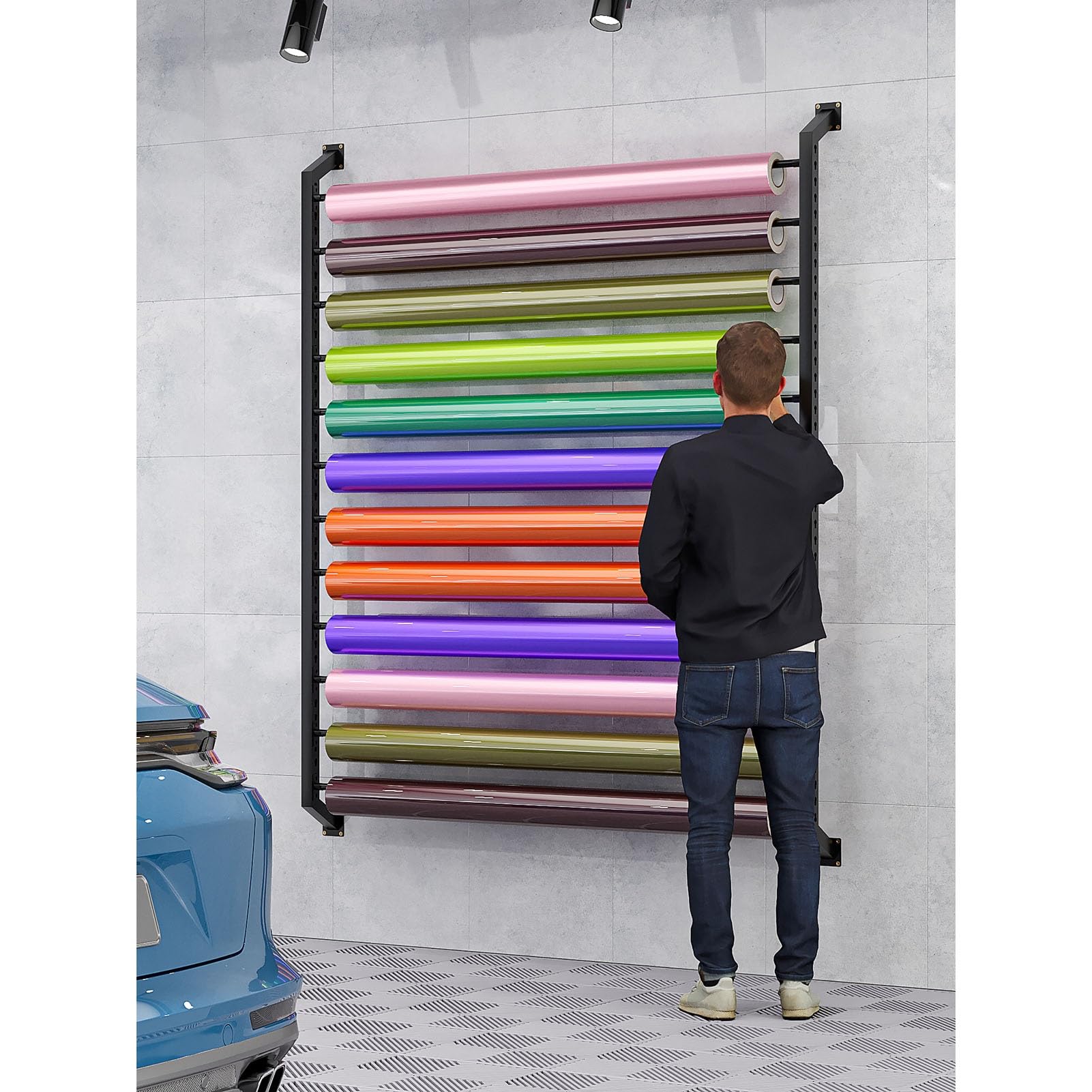 Commercial Car Color Change Vinyl Wrap Holder Window Sun Film Display Rack for Car Beauty Shop Garage, Multi-Use Wall Mount Fabric Roll Storage Rack with 12 Adjustable Hanging Rod